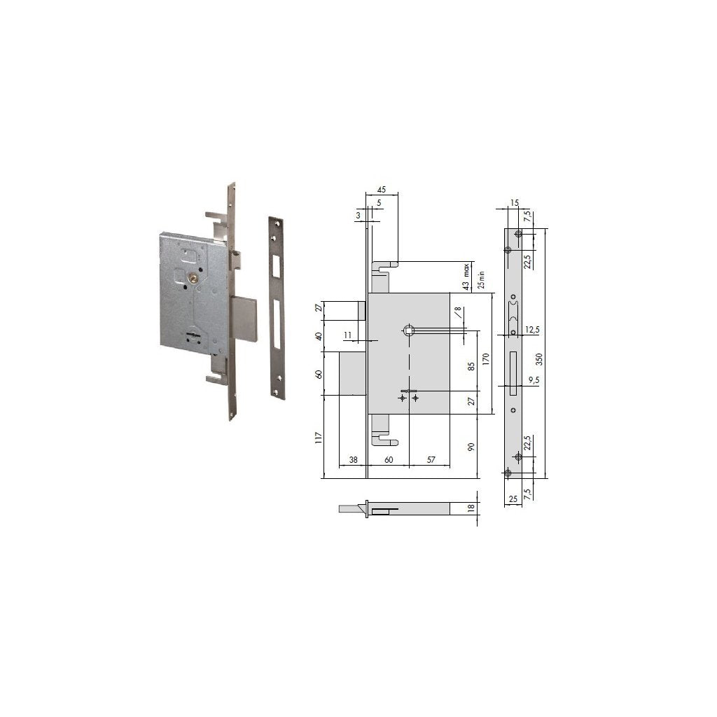 CISA Serratura 57255-61 Inferiore con Chiave Lunga per Porta in Legno