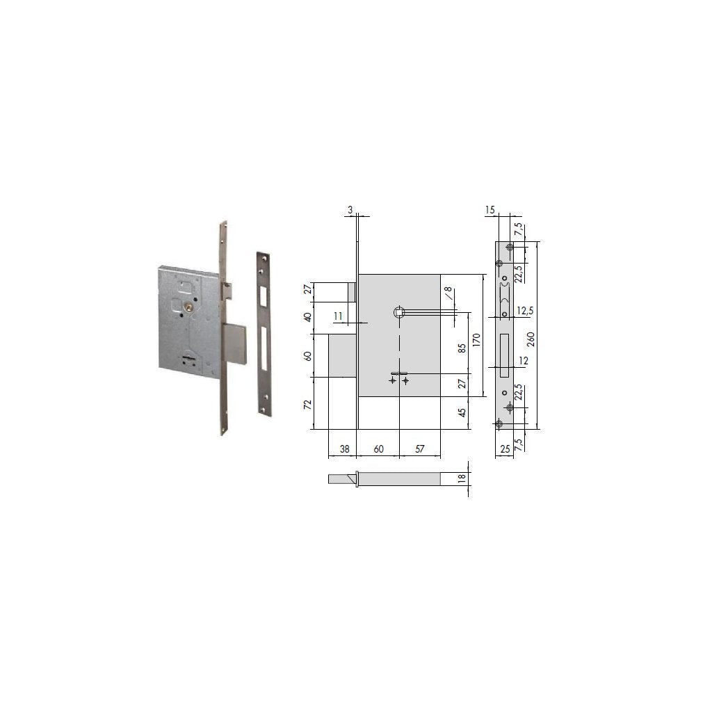 CISA Serratura 57250-60 Inferiore a Doppia Mappa per Porta in Legno