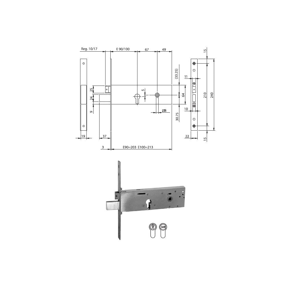 ISEO Serratura Inferiore per Fascia Professionale Europea in Acciaio Inox 90mm