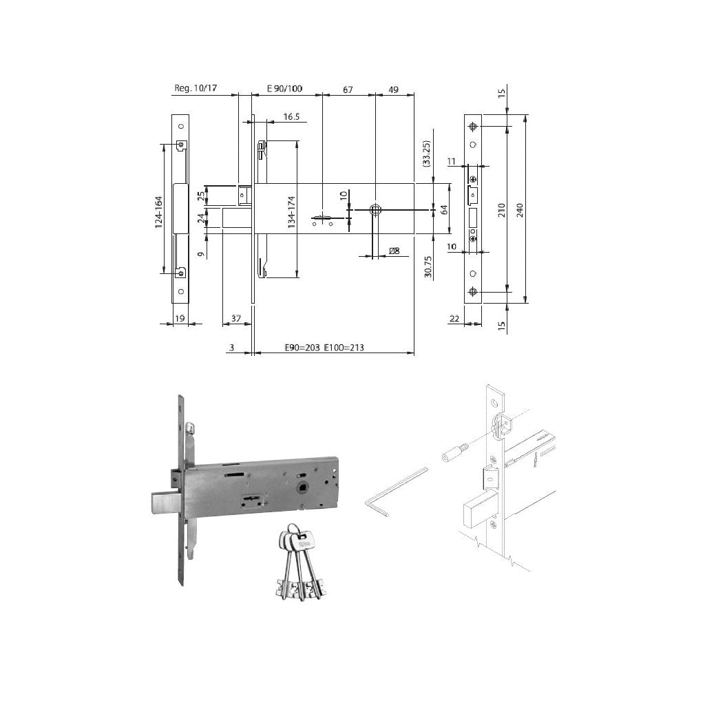 ISEO Serratura Inferiore per Fascia Triplice Doppia Mappa Inox 100mm