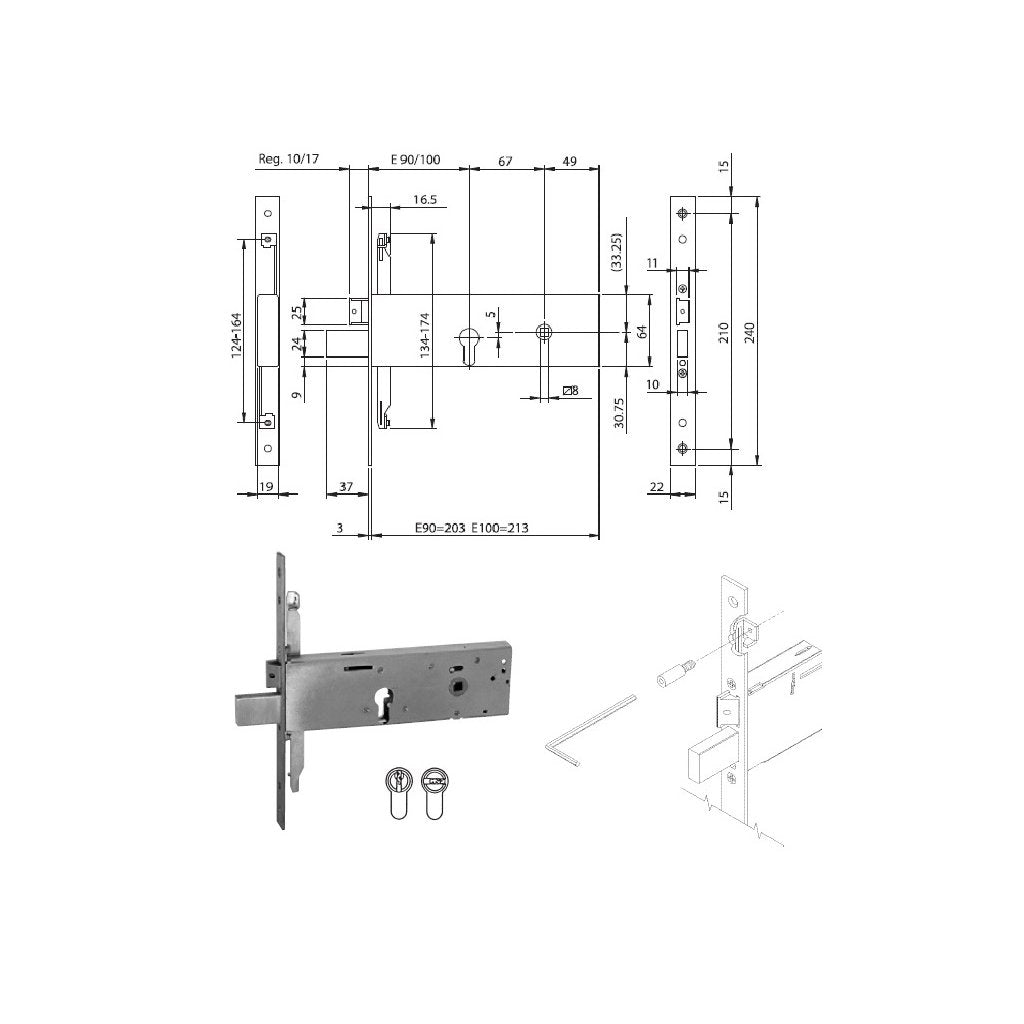 Serratura Inferiore per Fascia Triplice Profilo Europeo in Acciaio Inox 100mm - ISEO 963120102