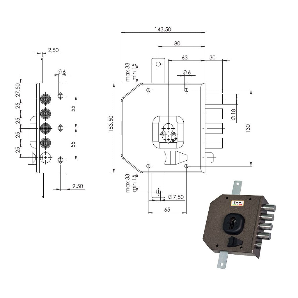 MOIA Serratura Triplice G454B SX per Applicazione su Legno