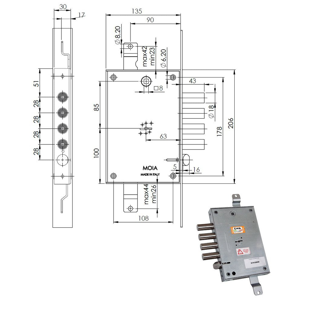 MOIA Serratura 614/280 DX Triplice Doppia Mappa per Porte Blindate a Planare