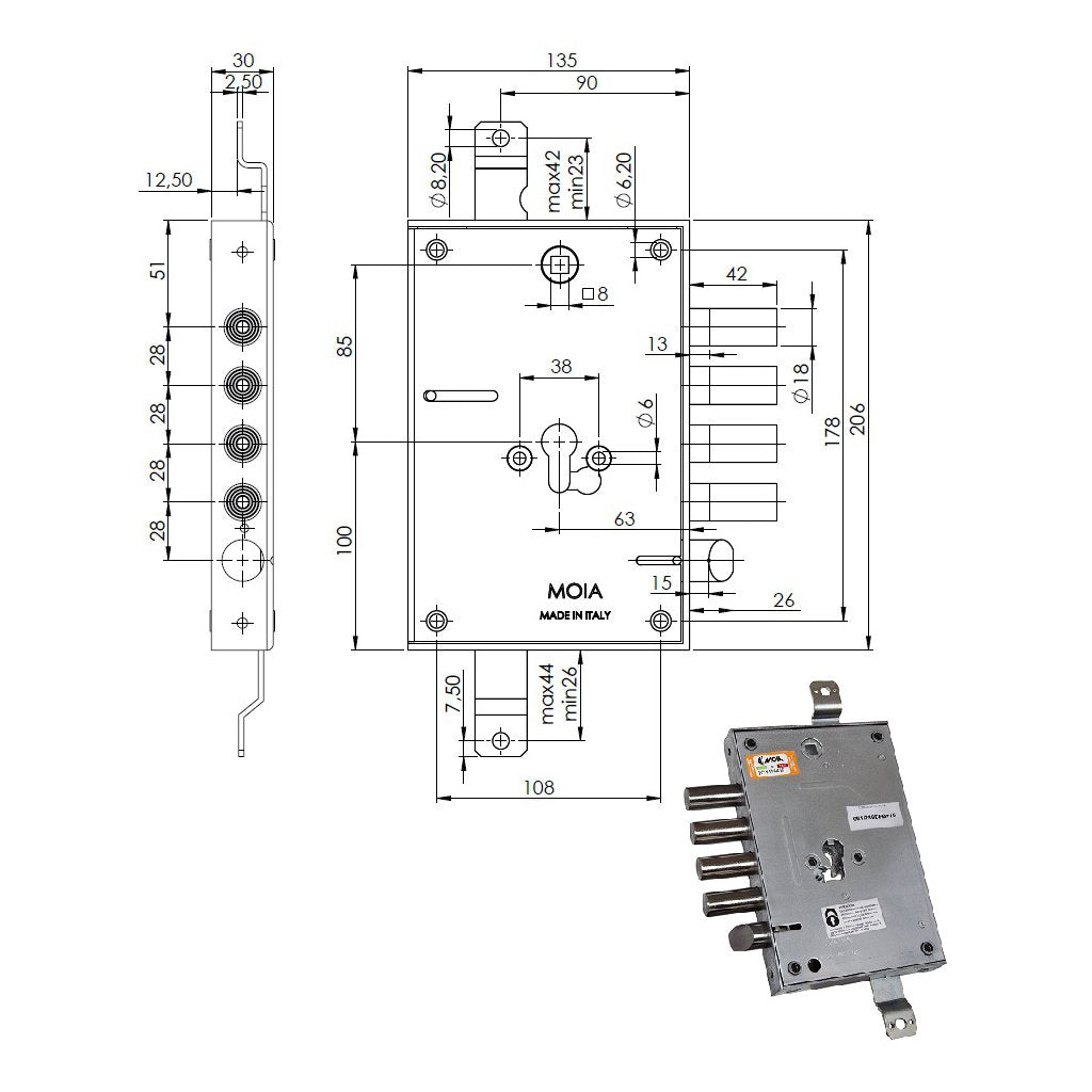 MOIA Serratura Triplice 664/280DFB+10 con Cilindro Europeo, 63 mm per Porte Blindate a Planare