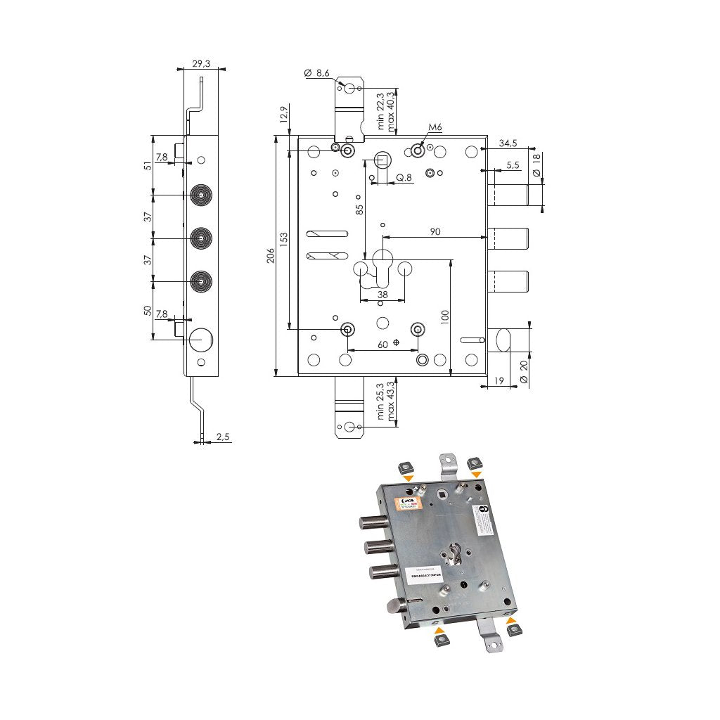 MOIA Serratura Triplice RMGA664/373DFQB DX 89mm per Porte Blindate a Planare