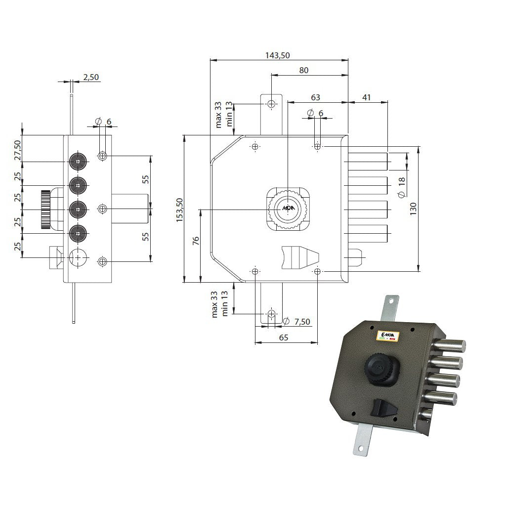 MOIA Serratura Triplice Applicazione G424 DX con Cilindro a Pompa per Legno