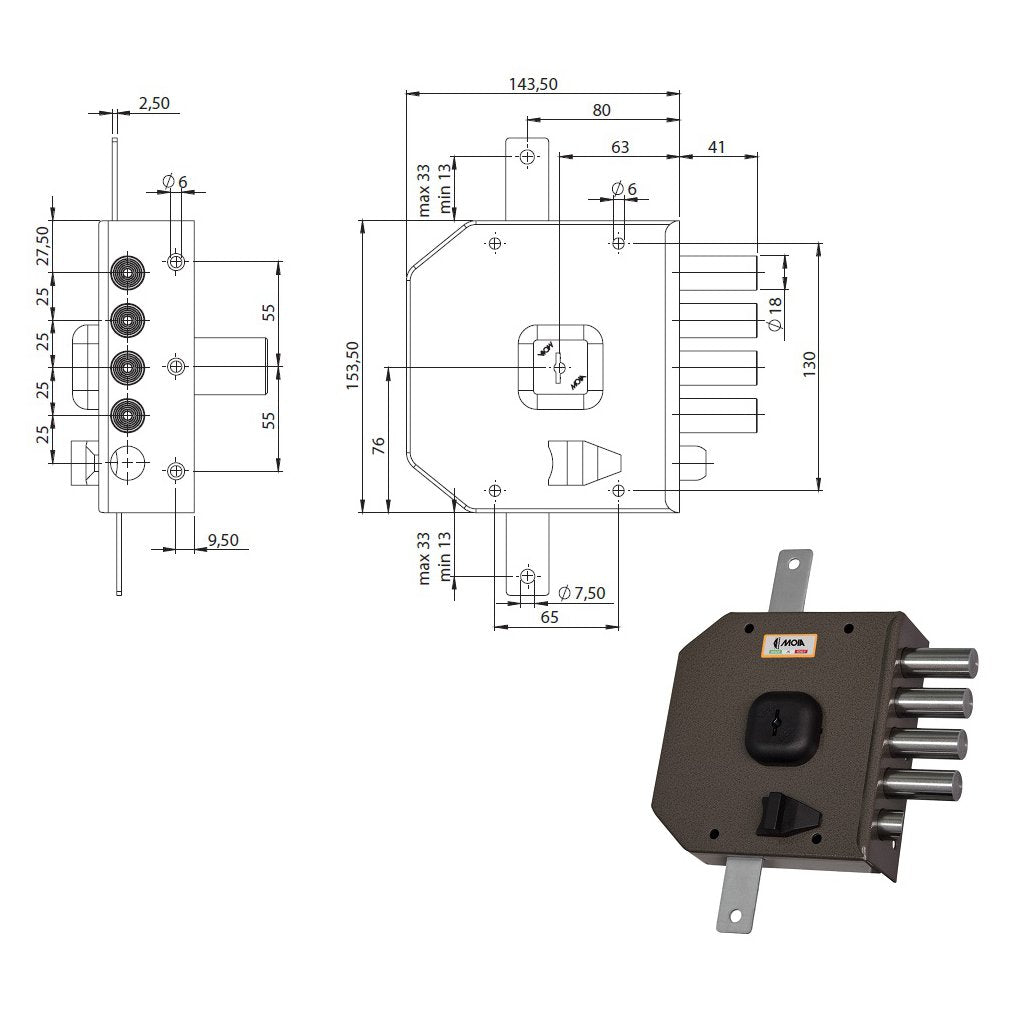 MOIA Serratura Triplice Applicazione G434 DX con Cilindro Europeo per Legno